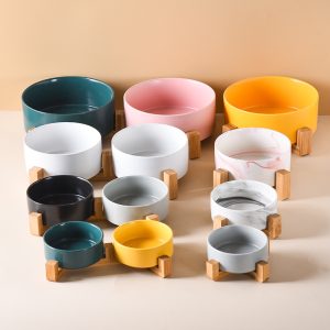 Non-Slip Weighted Cute Modern Pet Dish Set Ceramic Cat Bowl Dog Feeder with Wood Stand for Food and Water - Image 4