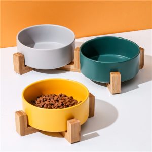 Non-Slip Weighted Cute Modern Pet Dish Set Ceramic Cat Bowl Dog Feeder with Wood Stand for Food and Water - Image 5