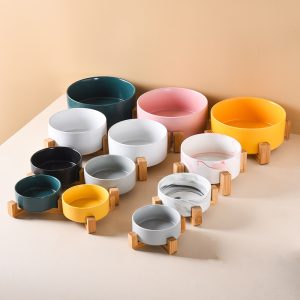 Non-Slip Weighted Cute Modern Pet Dish Set Ceramic Cat Bowl Dog Feeder with Wood Stand for Food and Water - Image 3